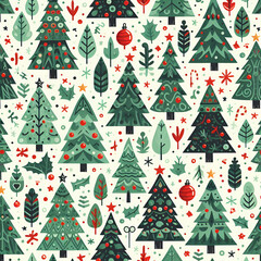Green and Red Fir Spruce Christmas Tree Woods with a Star, Garland, Leaves, & Glass Balls. Seamless Pattern on Greenish Background. Perfect for Textile Fabric Wallpaper New Year Print Wrapping Design