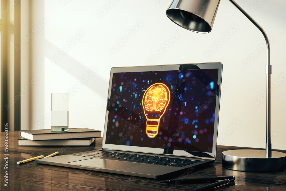 Poster creative light bulb illustration with human brain on modern computer monitor, future technology conc