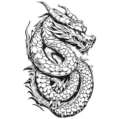 2024 Dragon Year Symbol Illustration and Vintage Engraving, black white isolated Vector ink outlines template for greeting card, poster, invitation, logo