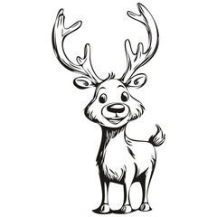 Christmas Reindeer, deer in Vintage Engraving Hand Drawn Sketch, black white isolated Vector ink outlines template for greeting card, poster, invitation, banner