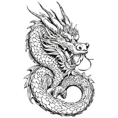 2024 Dragon Year Symbol Sketch and Vintage Engraving, black white isolated Vector ink outlines template for greeting card, poster, invitation, image
