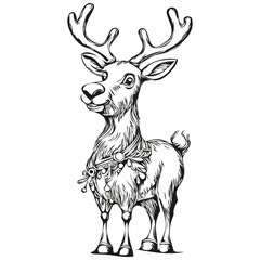 Christmas Reindeer, deer in Vintage Hand Drawn Sketch, black white isolated Vector ink outlines template for greeting card, poster, invitation, logo