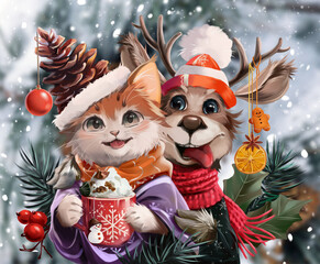 Kitten and his friend reindeer celebrate Christmas - 680553223