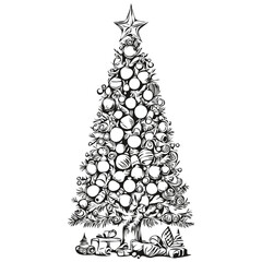 Christmas Tree Cartoon in Ink Hand Drawn Sketch, Playful Illustration for Festive Cards, black white isolated Vector ink outlines template for greeting card, poster, invitation, logo