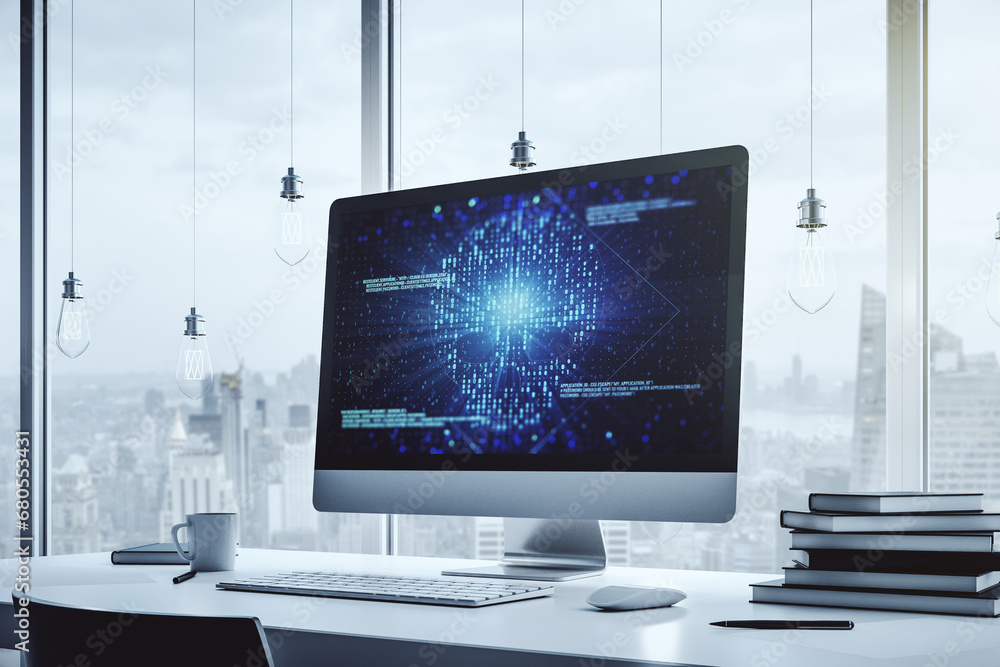 Poster Modern computer monitor with creative code skull hologram. Malware and cyber crime concept. 3D Rendering