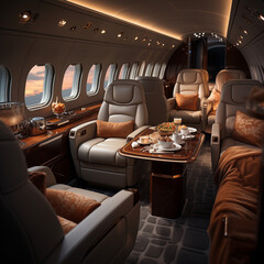 Fototapeta premium An interior view of a luxurious private jet, showcasing elegant design and comfort, with subtle ambient lighting