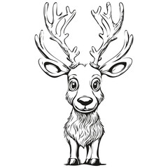 Fototapeta premium Hand Drawn Cartoon Reindeer, deer Vintage Engraving Sketch, black white isolated Vector ink outlines template for greeting card, poster, invitation, banner