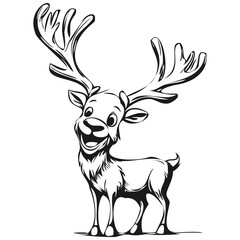 Hand Drawn Christmas Reindeer, deer Cartoon Vintage Engraving Sketch, black white isolated Vector ink outlines template for greeting card, poster, logo, invitation