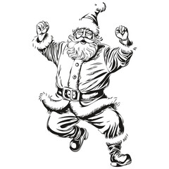 Fototapeta na wymiar Santa Claus dancing Sketch Illustration Detailed Father Christmas Drawing, Classic Style, black white isolated Vector ink outlines template for greeting card, poster, invitation, logo