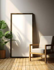 Blank wooden picture frame mockup in modern interior. Vertical template mock up for artwork, painting, photo or poster in interior design, generative AI