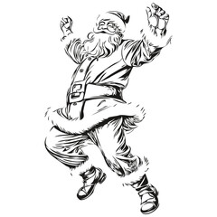 Fototapeta premium Santa Claus dancing Vector Silhouette Sketch Festive Father Christmas Illustration, Classic Style, black white isolated Vector ink outlines template for greeting card, poster, invitation, logo