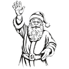 Fototapeta premium Santa Claus Drawing in Black and White Hand-Drawn Engraving, Timeless Sketch Artistry for Holidays, black white isolated Vector ink outlines template for greeting card, poster, invitation, logo