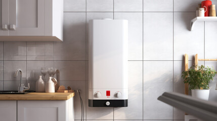 Obraz na płótnie Canvas Modern home gas boiler, water heater. An isolated gas stove on white background. Water heating, ecology. Concept lifestyle.