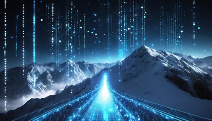 Digital light trail concept. Snow capped mountains with light trails. Generative AI