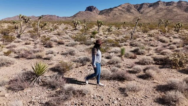 Young woman walks as a cowgirl between Joshua trees in the lonesome desert of Arizona - aerial photography