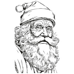 Santa Claus Greeting Card Sketch Detailed Christmas Illustration, Classic Style, black white isolated Vector ink outlines template for greeting card, poster, logo