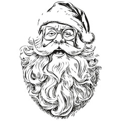 Santa Claus Hand-Drawn Banner Sketch Detailed Christmas Illustration, Classic Style, black white isolated Vector outlines template for greeting card, poster, invitation, logo