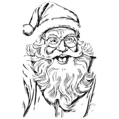 Santa Claus Hand-Drawn Cartoon Drawing Detailed Christmas Illustration, Classic Style, black white  Vector ink outlines template for greeting card, poster, invitation, logo