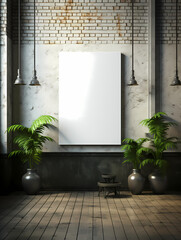 Blank wooden picture frame mockup in modern interior. Vertical template mock up for artwork, painting, photo or poster in interior design, generative AI