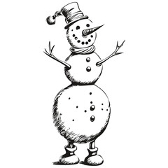 Snowman Hand Drawn Vector Illustration Detailed Vintage Engraving of Festive Snowman with Seasonal Elements, black white isolated Vector ink outlines template for greeting card, poster