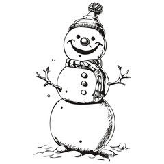 Snowman Hand Drawn Vector Illustration Detailed Vintage Engraving of Festive Snowman with Seasonal Details, black white isolated Vector ink outlines template for greeting card, poster, invitation