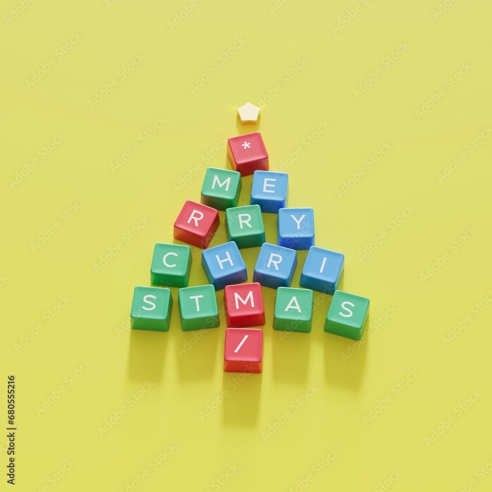 Poster christmas tree symbol made by color computer keys cap on yellow background. minimal christmas idea c