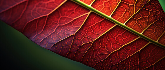 A striking red leaf stands out with its glossy texture and detailed veins.