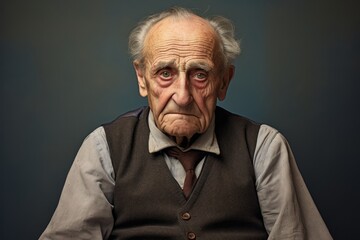 Portrait of a jovial elderly 100 years old man dressed in a polished vest against a minimalist or empty room background. AI Generation