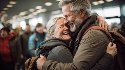 A joyful reunion at an airport, with family members embracing each other tightly. The background is a busy airport terminal, blurred to keep the focus on the emotional reunion. - obrazy, fototapety, plakaty