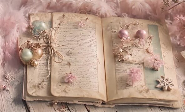 open book sitting on top of a wooden table, a pastel, decorated ornaments, pastel pink concrete, thumbnail, lacey accessories, fluffy, detailed image, santa, artbook, generative, ai