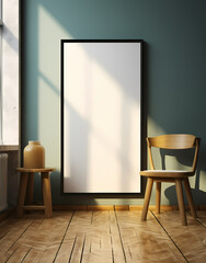 Blank wooden picture frame mockup in modern interior. Vertical template mock up for artwork, painting, photo or poster in interior design, generative AI