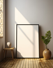 Blank wooden picture frame mockup in modern interior. Vertical template mock up for artwork, painting, photo or poster in interior design, generative AI