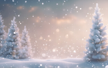 Snowfall in winter forest. Beautiful landscape with snow covered fir trees and snowdrifts. Christmas and New Year greeting background. Winter space.