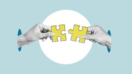 Hands combine puzzle pieces. Teamwork and cooperation. Concept of support, success, business, new...