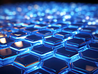 Fototapeta premium Futuristic hexagon pattern of abstract blue surface with light rays. 3D Rendering.