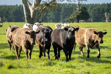 Australian wagyu cows grazing in a field on pasture. close up of a black angus cow eating grass in...