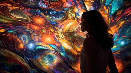 A person in a vibrant, sensory-rich environment, with patterns of light and color swirling around them, representing heightened sensory perception. - obrazy, fototapety, plakaty
