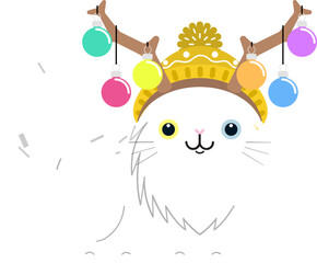 Cute cat wearing a Santa Claus hat and reindeer antlers decorated with Christmas balls