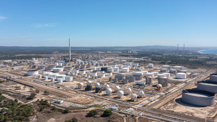 Portugal Sines oil terminal storage tanks, aerial view, oil and gas storage tanks, oil refinery...