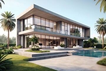 Luxury Minimalist House, Building with Concrete and Glasses, Modern Architecture - obrazy, fototapety, plakaty