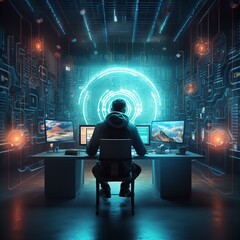 Cyber Security a Guy is sitting on the PC and Laptop in a digital Office while he is protecting the Website in Case of Cyber Attacks