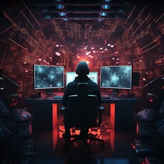 Cyber Security a Guy is sitting on the PC and Laptop in a digital Office while he is protecting the Website in Case of Cyber Attacks