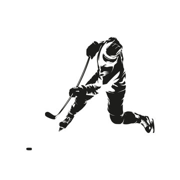 Hockey player shooting puck, isolated vector silhouette. Ice hockey