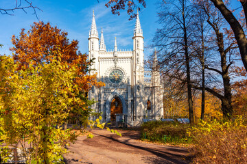 Gothic chapel in Alexandria park in autumn, Peterhof, Saint Petersburg, Russia - obrazy, fototapety, plakaty