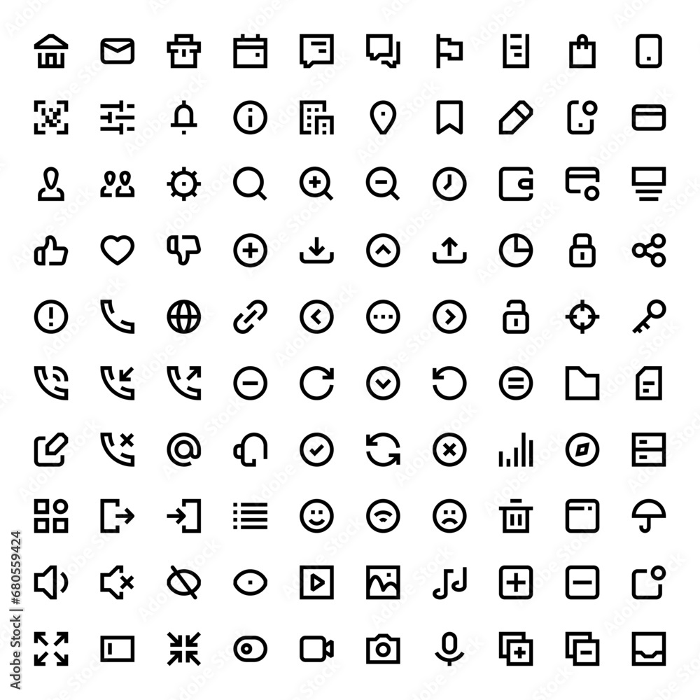 Poster set of 100 icons for ui and web. office and applications vector line icon set.