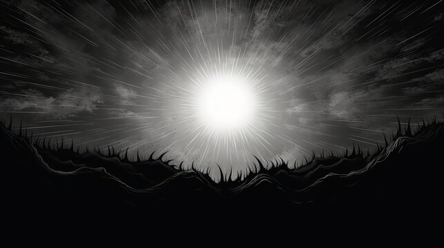 Light from the sun in the dark. Black and white landscape background.