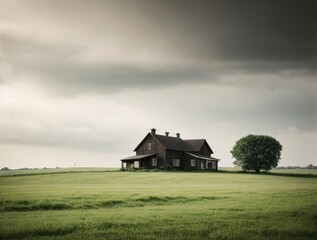 Fototapeta na wymiar Wooden Farm House in Green Field, Landscape, Illustration, Retro