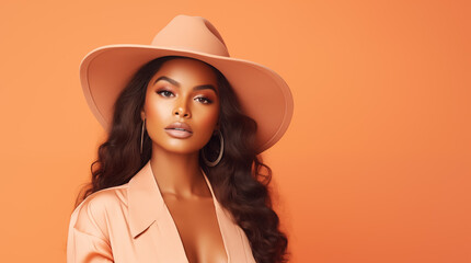 Studio shot of a beautiful woman wearing Peach Fuzz colored clothes and a big hat against orange background with copy space