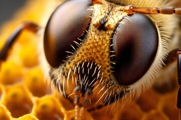 Close-up image of a honeybee in a beehive, illuminated by golden light