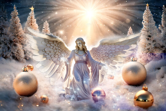 Christmas winter angel archangel with angelic lights, snowflakes, christmas decorations and dreamy ethereal style 